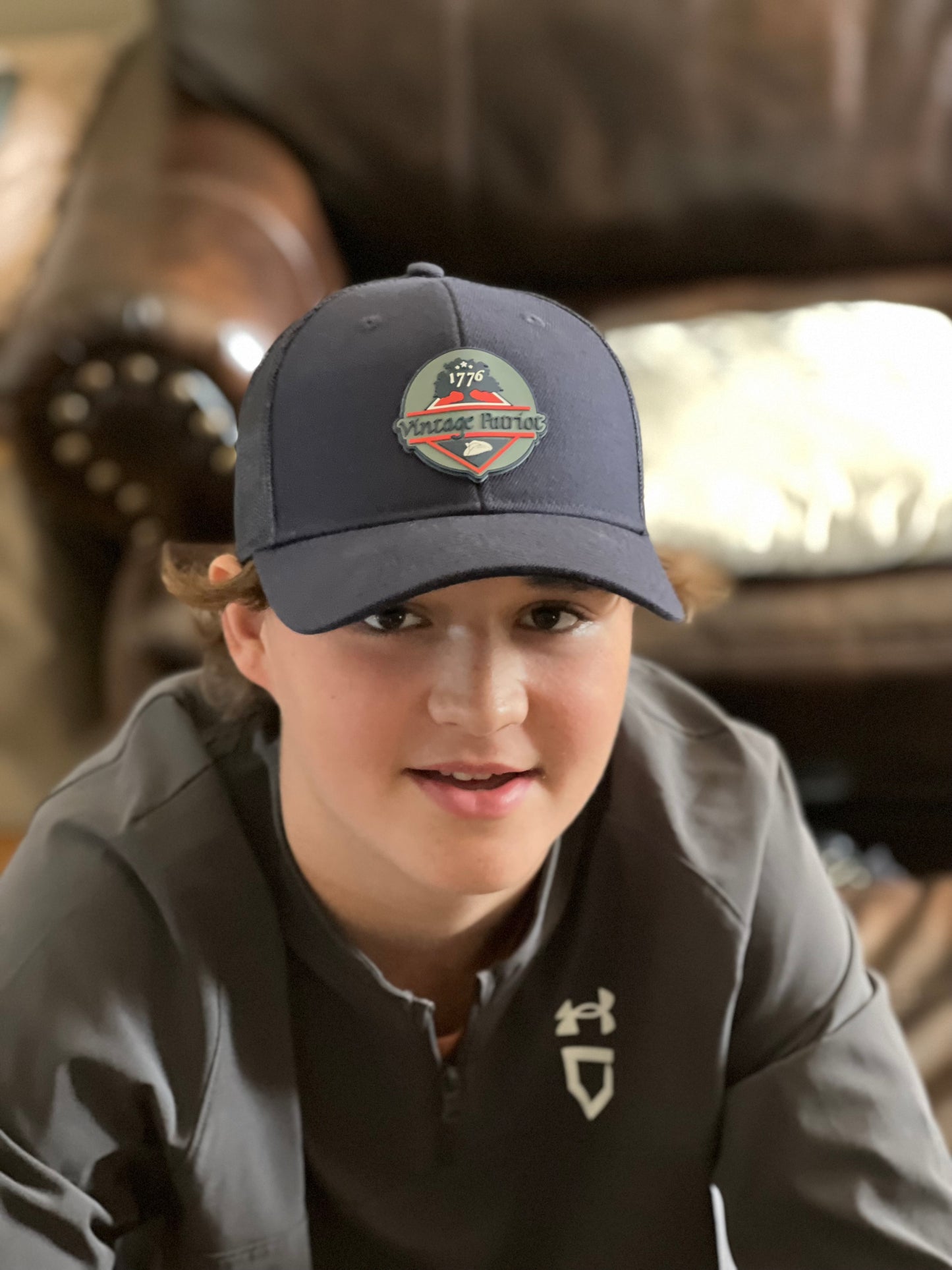 Vintage Patriot Navy Branded Bills Rogue Curved Trucker Hat with Rubber Patch