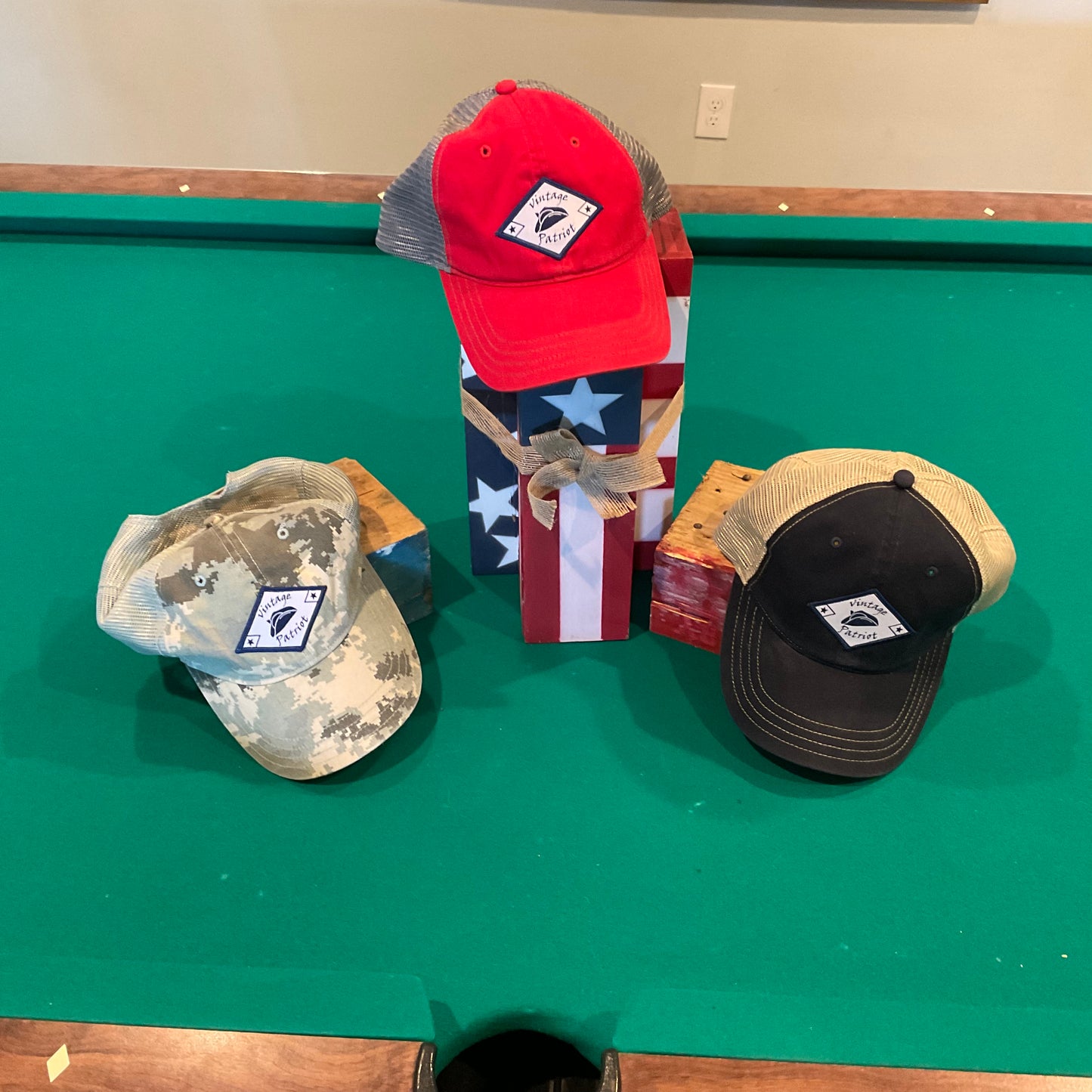 Unstructured Trucker Hat with Original Vintage Patriot Logo on Embroidered Diamond Patch