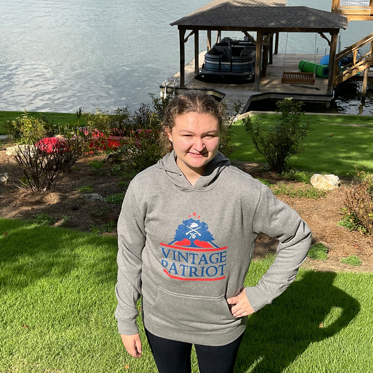 Grey Hooded Sweatshirt with Vintage Patriot House Logo