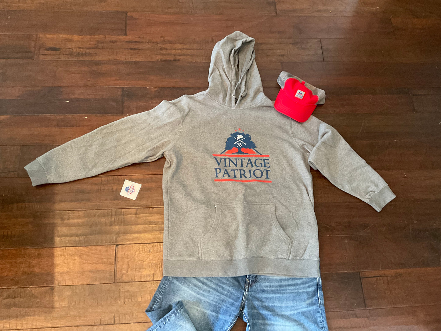 Grey Hooded Sweatshirt with Vintage Patriot House Logo