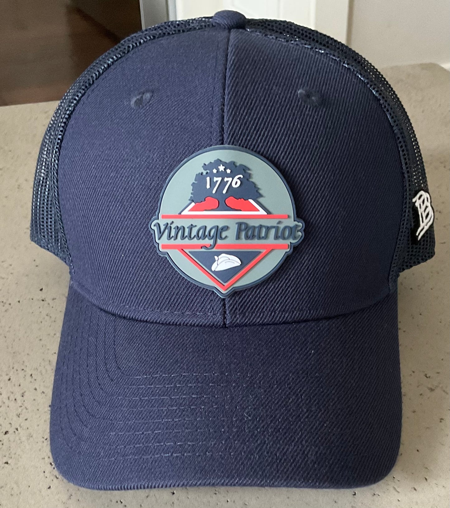 Vintage Patriot Navy Branded Bills Rogue Curved Trucker Hat with Rubber Patch