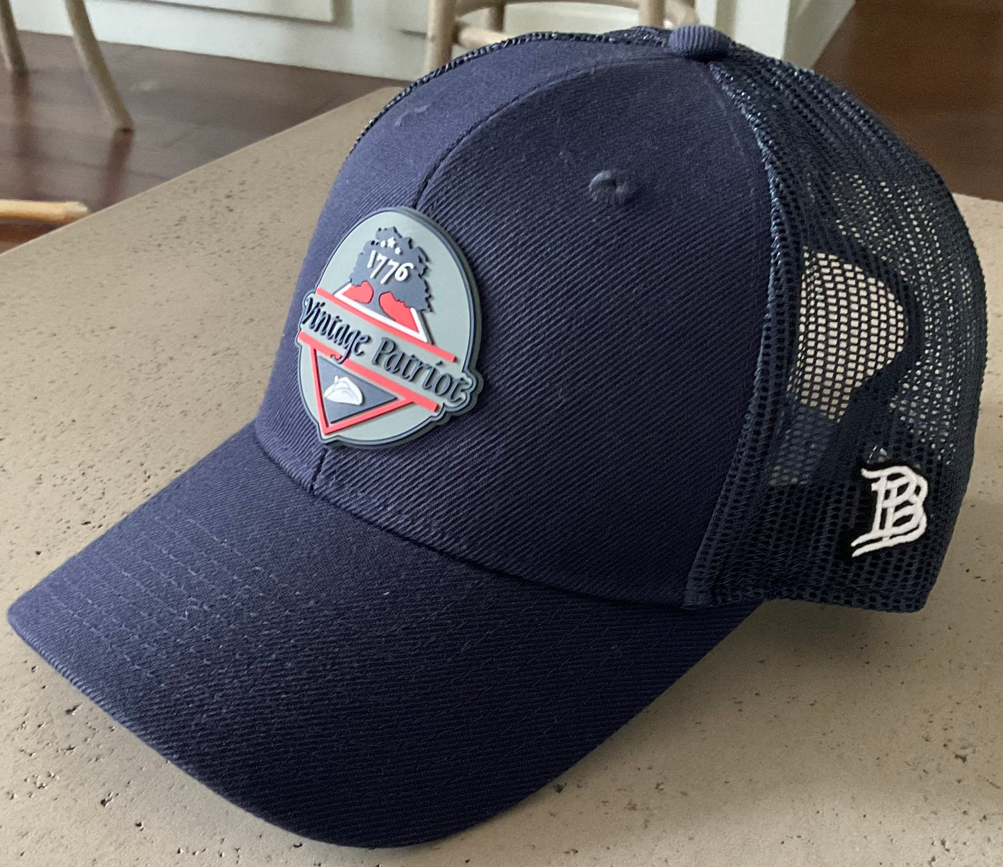 Vintage Patriot Navy Branded Bills Rogue Curved Trucker Hat with Rubber Patch
