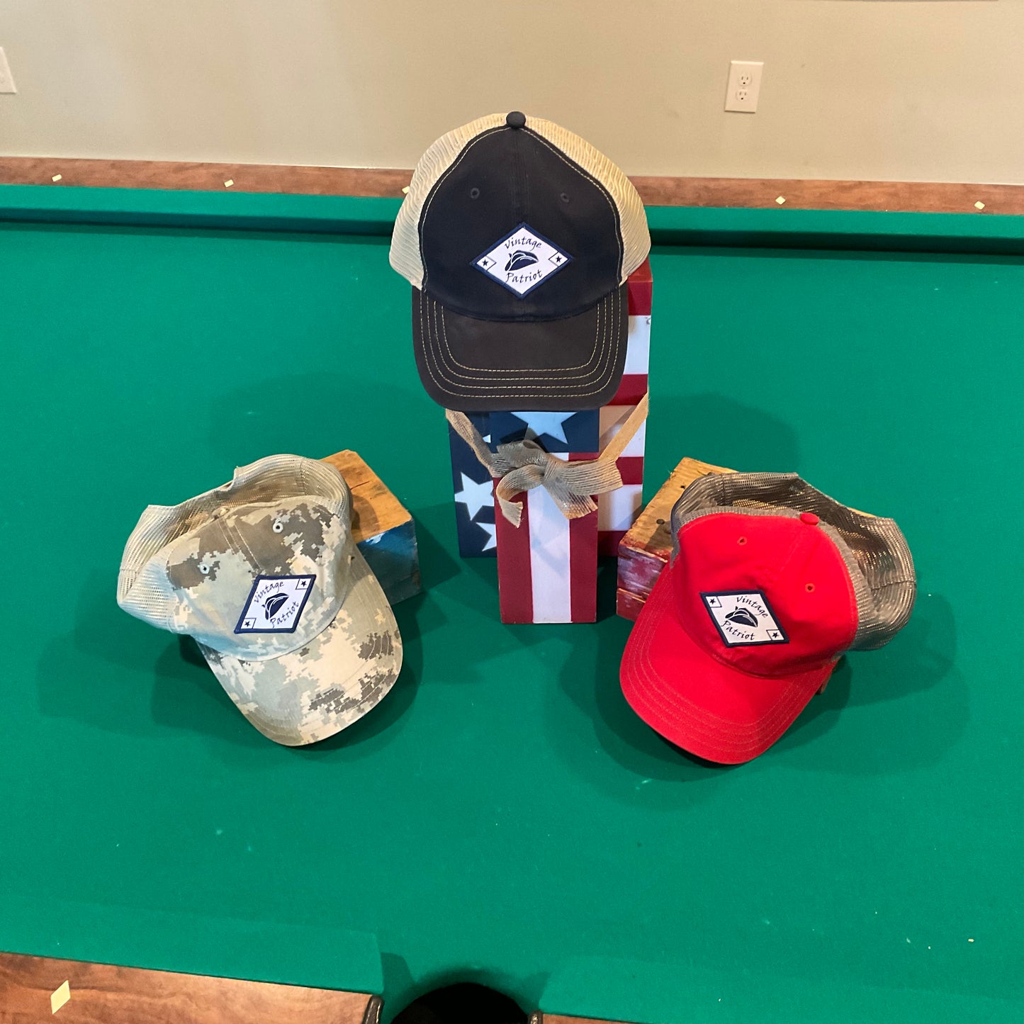 Unstructured Trucker Hat with Original Vintage Patriot Logo on Embroidered Diamond Patch